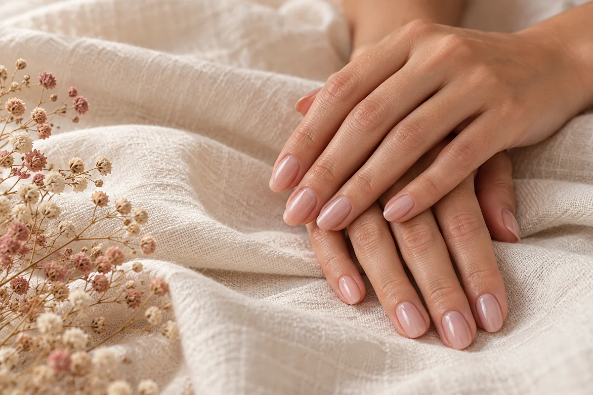 Manicure em tons naturais da vitrine Studio Bia Nails
